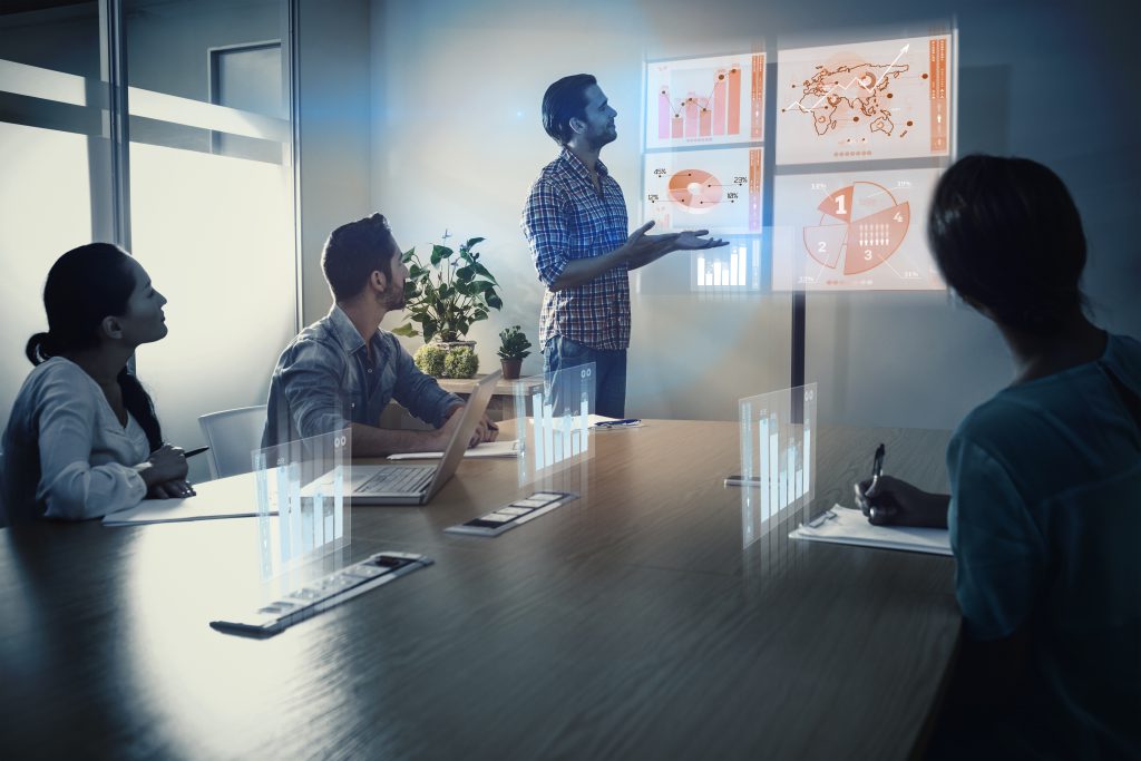 Global business interface against creative businessman making a presentation